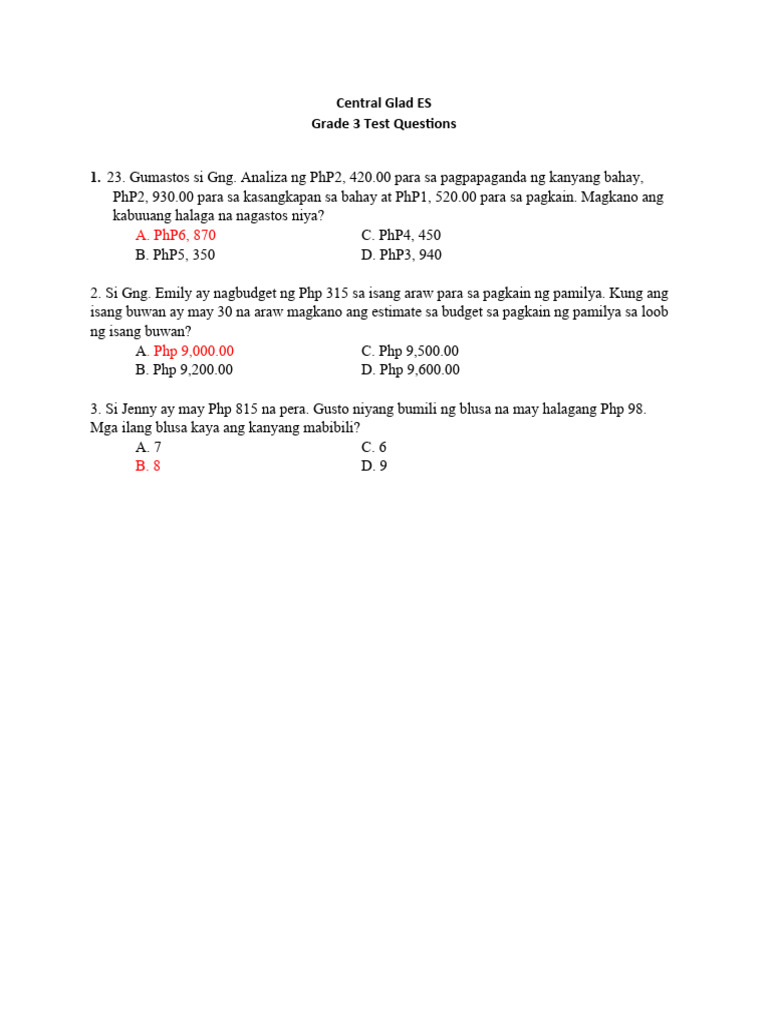 Grade 3 Test Questions | PDF