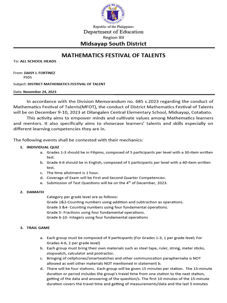 District Mathematics Festival 2023 | PDF | Mathematics