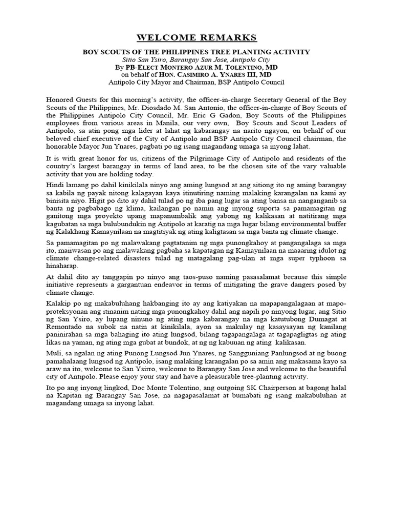 PB Montero Azur M. Tolentino Remarks for BSP Tree Planting PDF