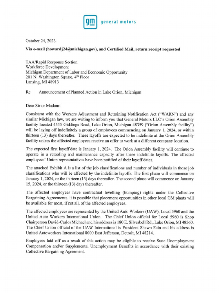 WARN Notice GM Lake Orion PDF