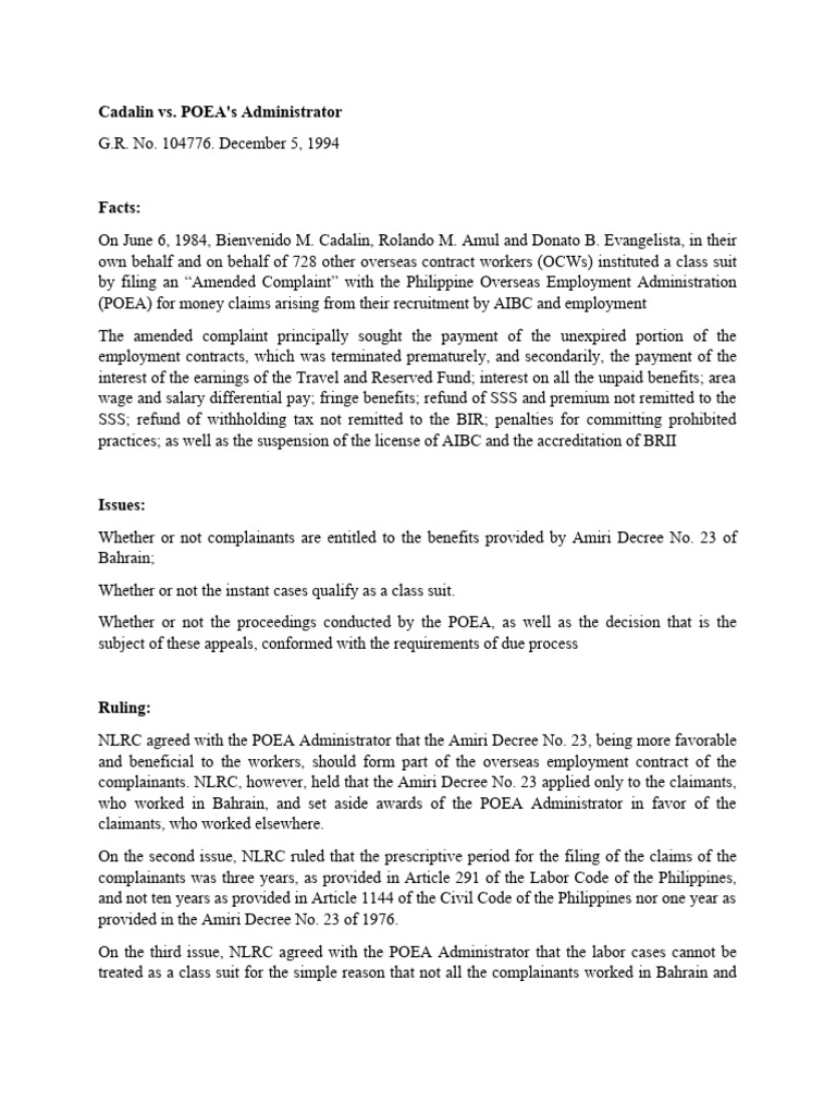 Cadalin Vs POEA PDF Statute Of Limitations Lawsuit