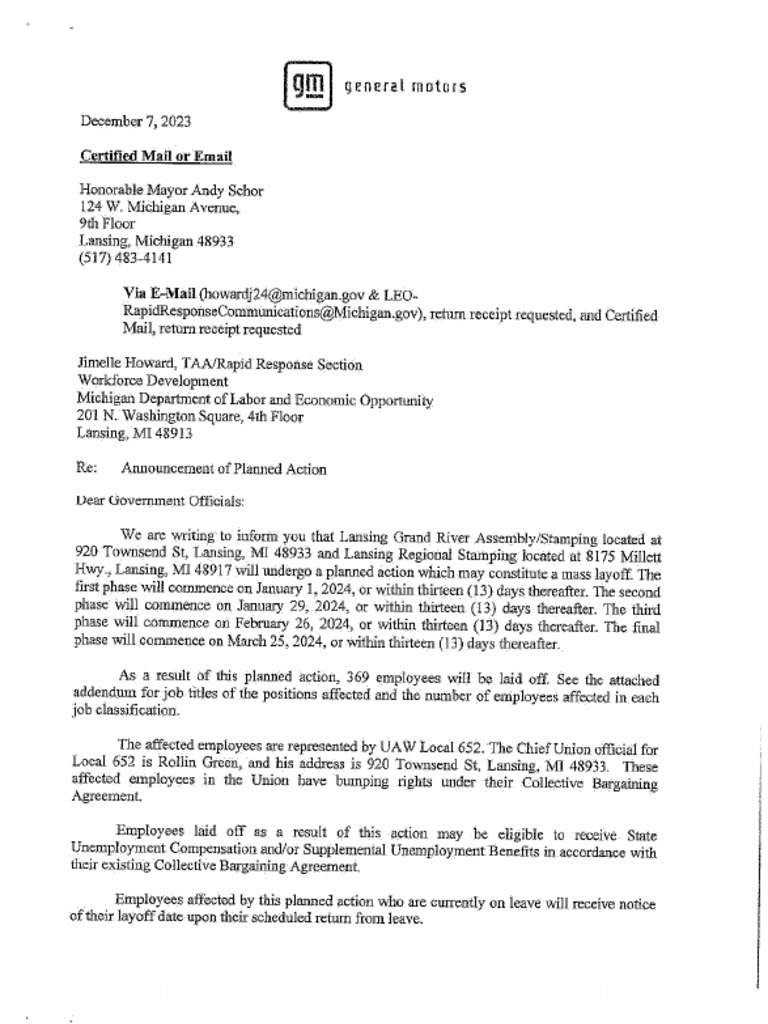 General Motors Lansing Warn notice PDF