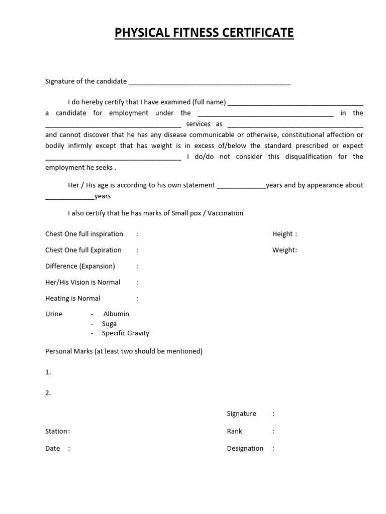 Physical Fitness Certificate PDF