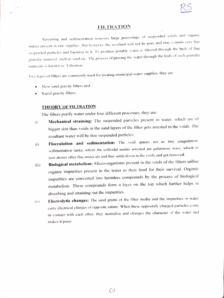 Water Treatment NotesFiltration PDF Filtration Water