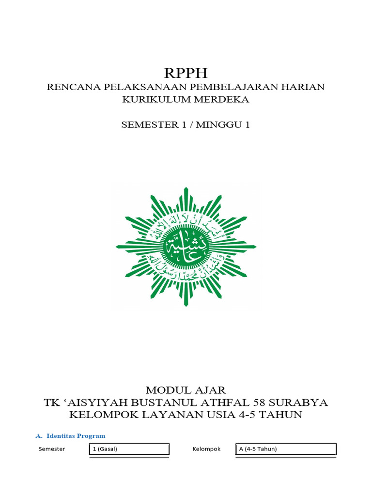 RPPH Kurikulum Merdeka TK Aisyiyah | PDF | Kesehatan Holistik