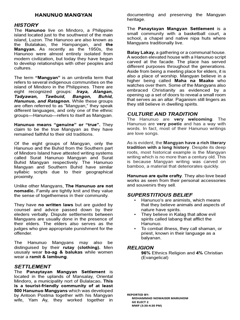 Hanunuo Mangyan - Handouts | Download Free PDF | Ethnicity | Ethnic Groups