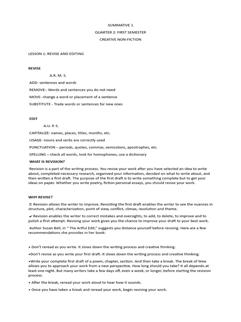 Creative Non-Fiction Revision Guide | PDF | Language Arts & Discipline ...