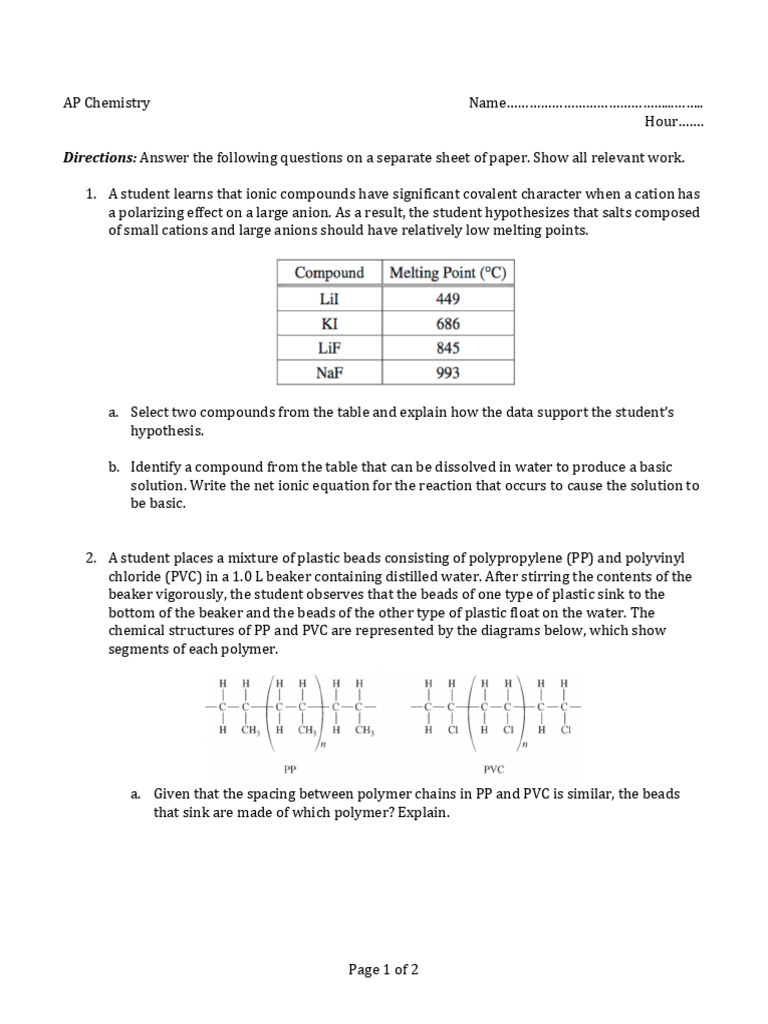 Problem Set 2 PDF Polyvinyl Chloride Chemical Compounds