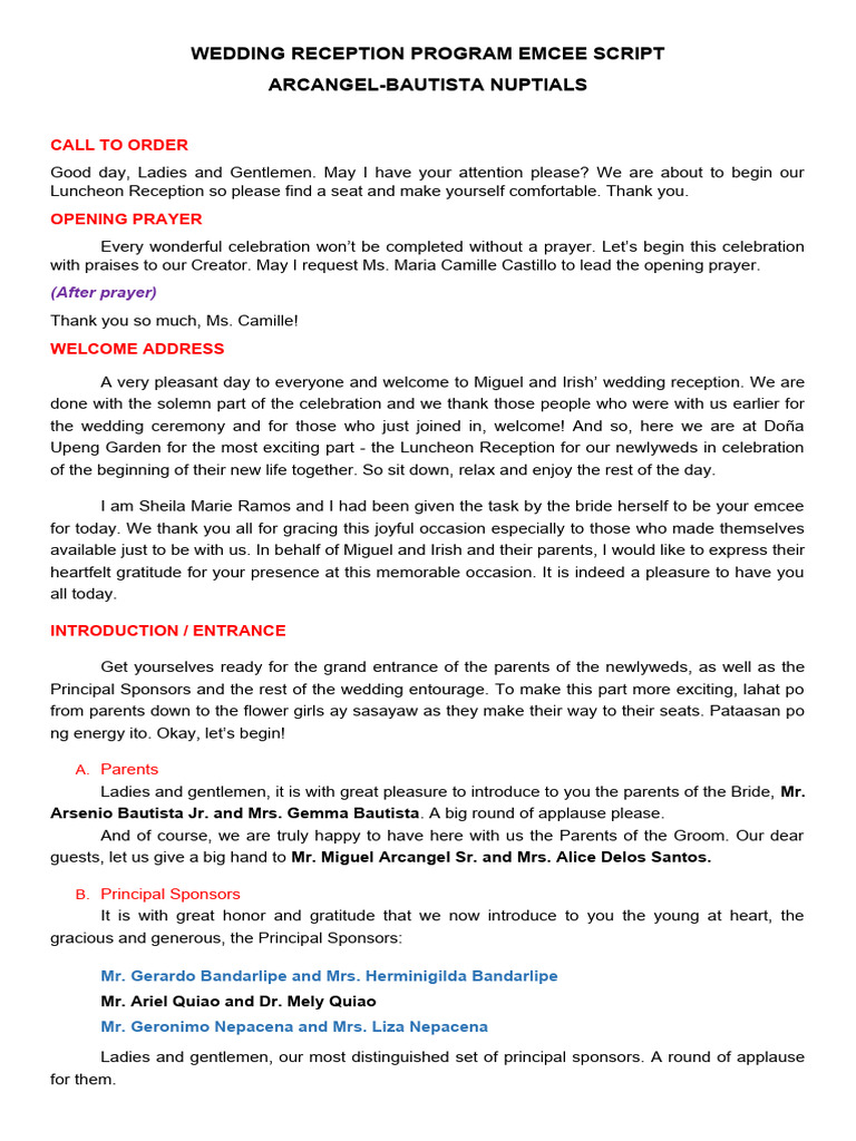 Wedding Reception Program Emcee Script Download Free PDF Wedding