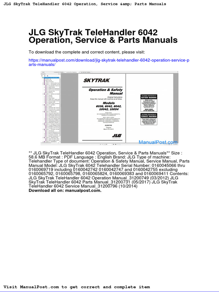 JLG Skytrak Telehandler 6042 Operation Service Parts Manuals PDF