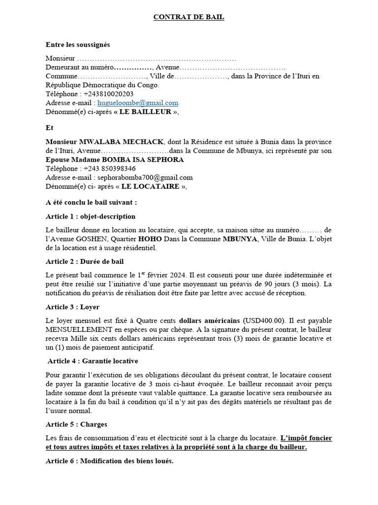 Modèle de contrat de bail RDC PDF | PDF | Arbitrage | Droits de ...
