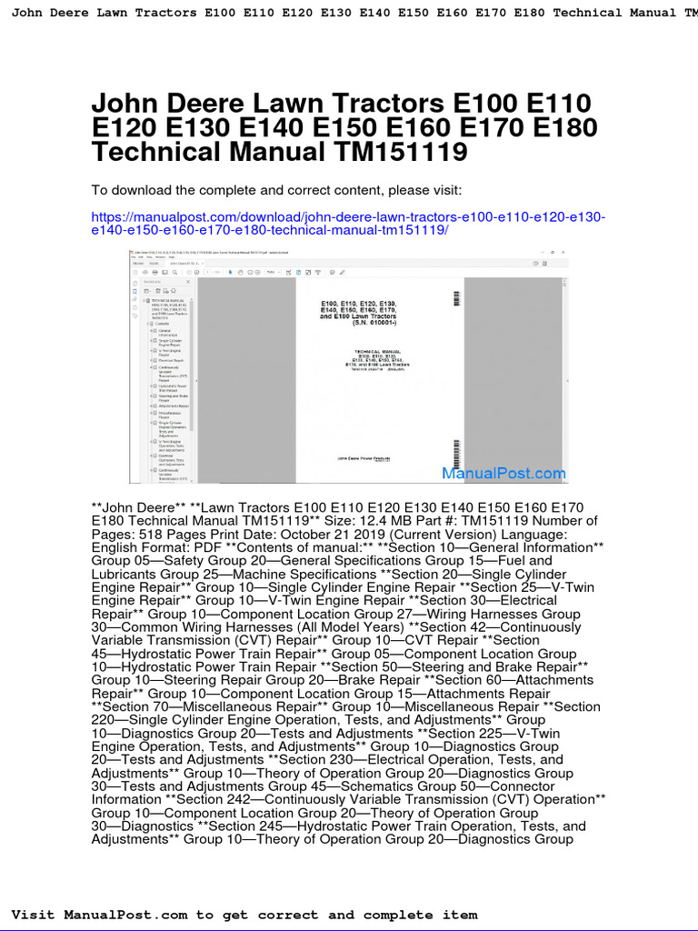 John Deere Lawn Tractors E100 E110 E120 E130 E140 E150 E160 E170 E180
