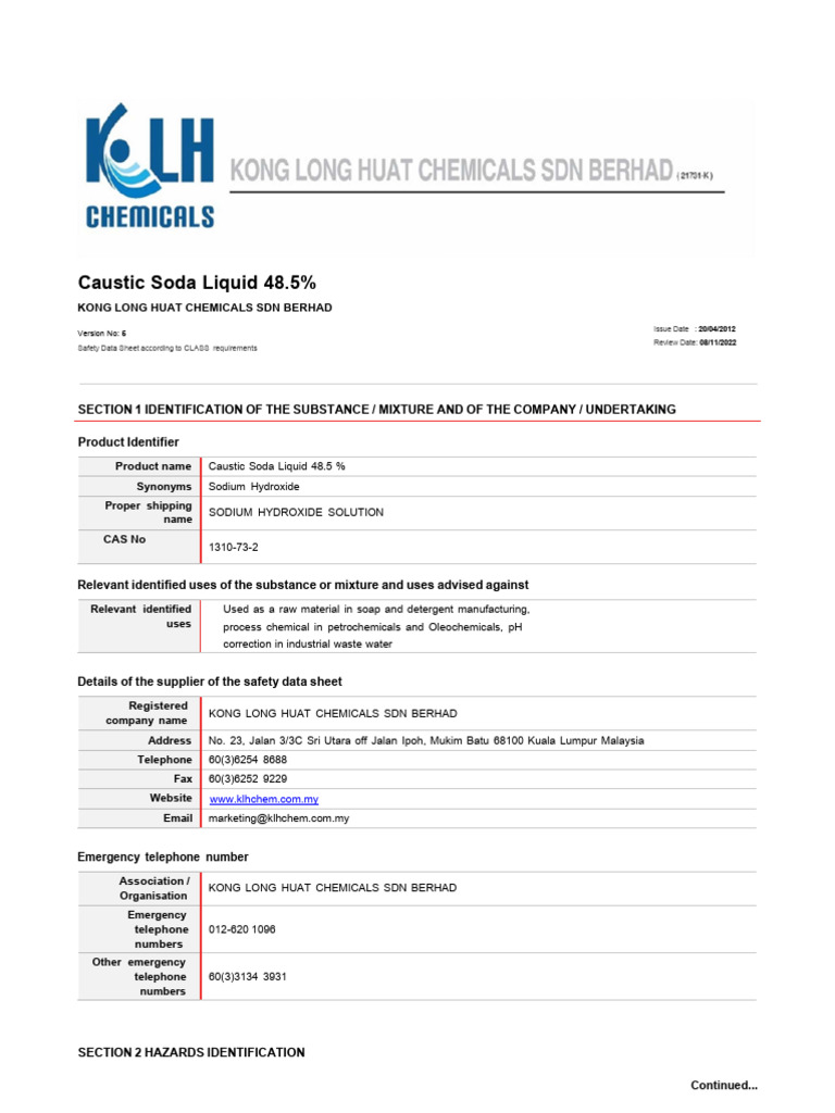 Caustic Soda Liquid 48.5% Safety Data | PDF | Sodium Hydroxide ...