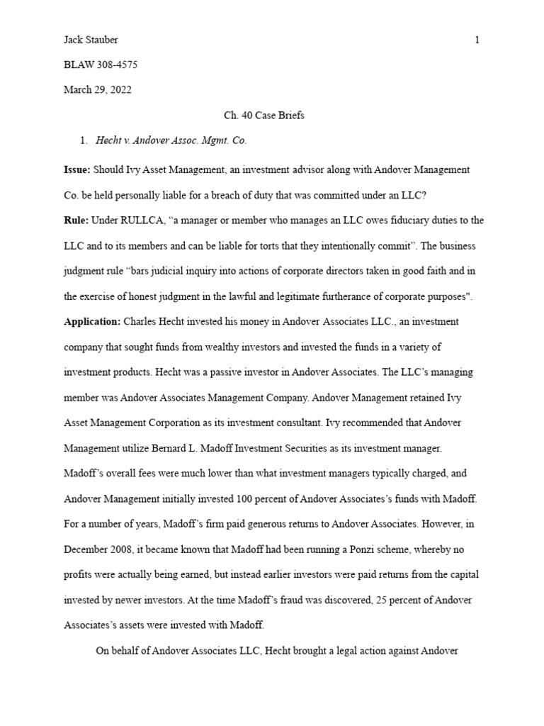 Hecht v. Andover: LLC Liability Case Analysis | PDF | Limited Liability ...