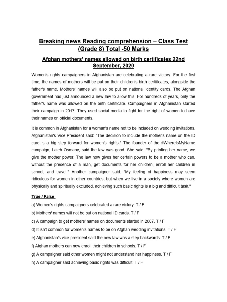 Breaking News Reading Comprehension Pdf Artificial Intelligence