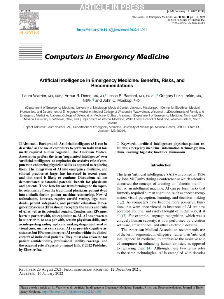 AI in Emergency Medicine: Benefits & Risks | PDF | Intelligence (AI ...
