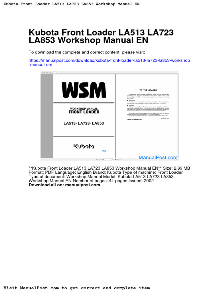 Kubota Front Loader La513 La723 La853 Manual en Download