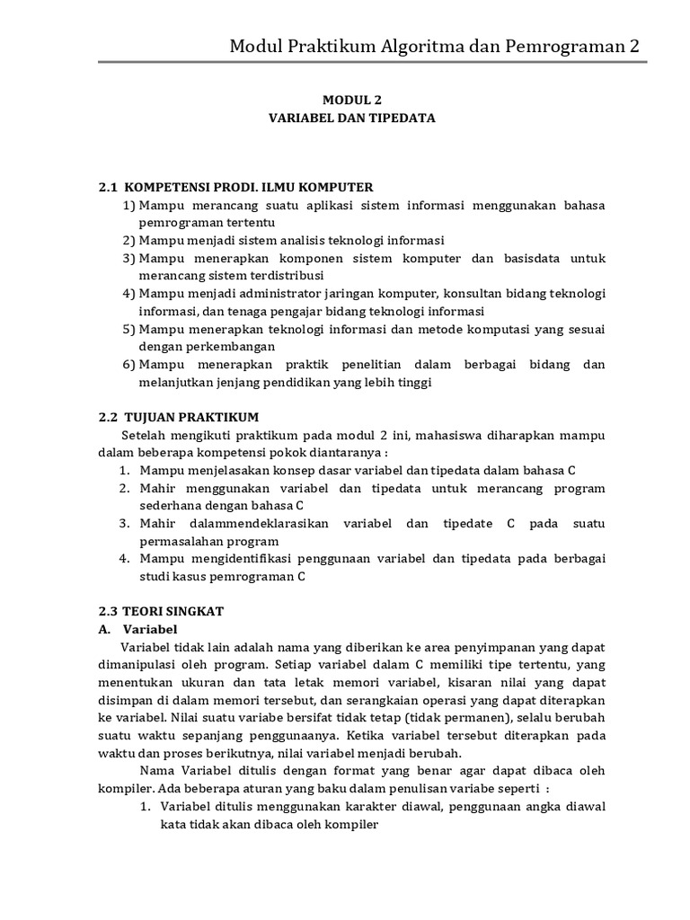 Pertemuan 2 (Variabel Dan Tipe Data) | PDF