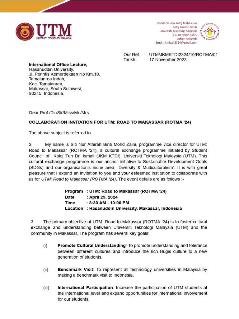 UTM Collaboration Invitation for ROTMA '24 | PDF