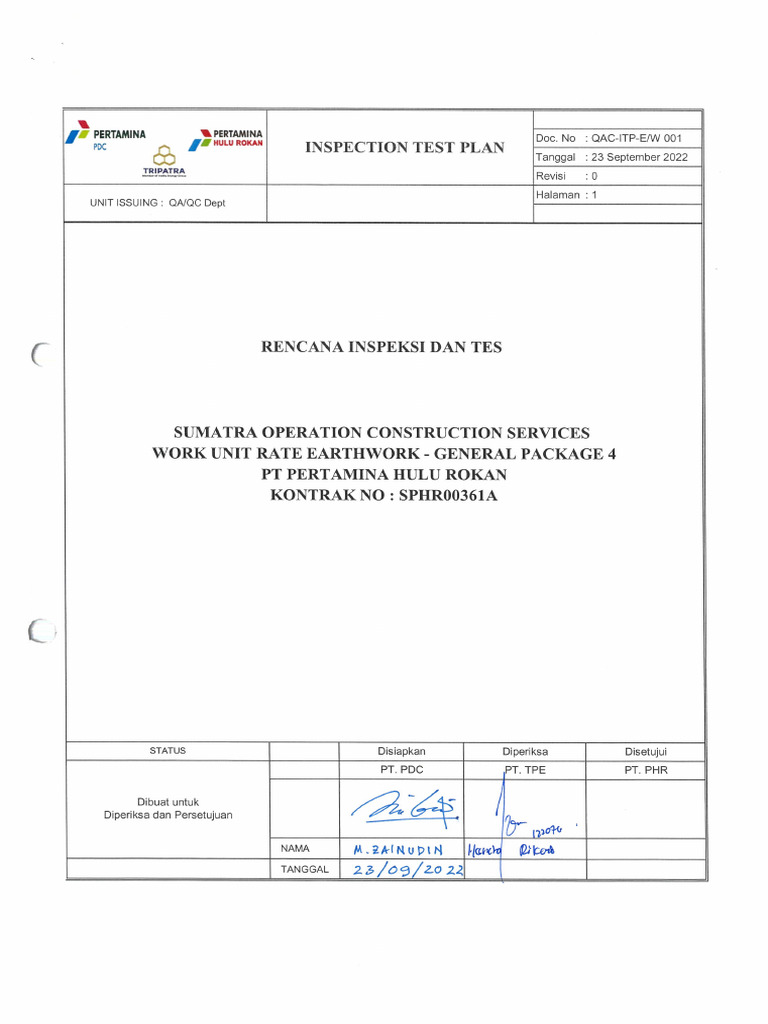 Qac-Itp-Ew-001 Inspection Test Plan | PDF