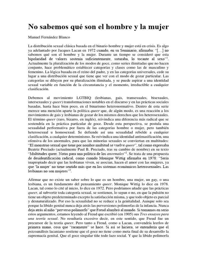 Fernández Blanco, M. No Sabemos Qué Son El Hombre y La Mujer PDF