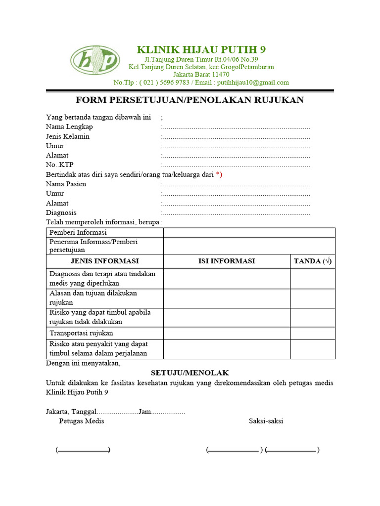 Form Persetujuan Rujukan Klinik Hijau Putih | PDF