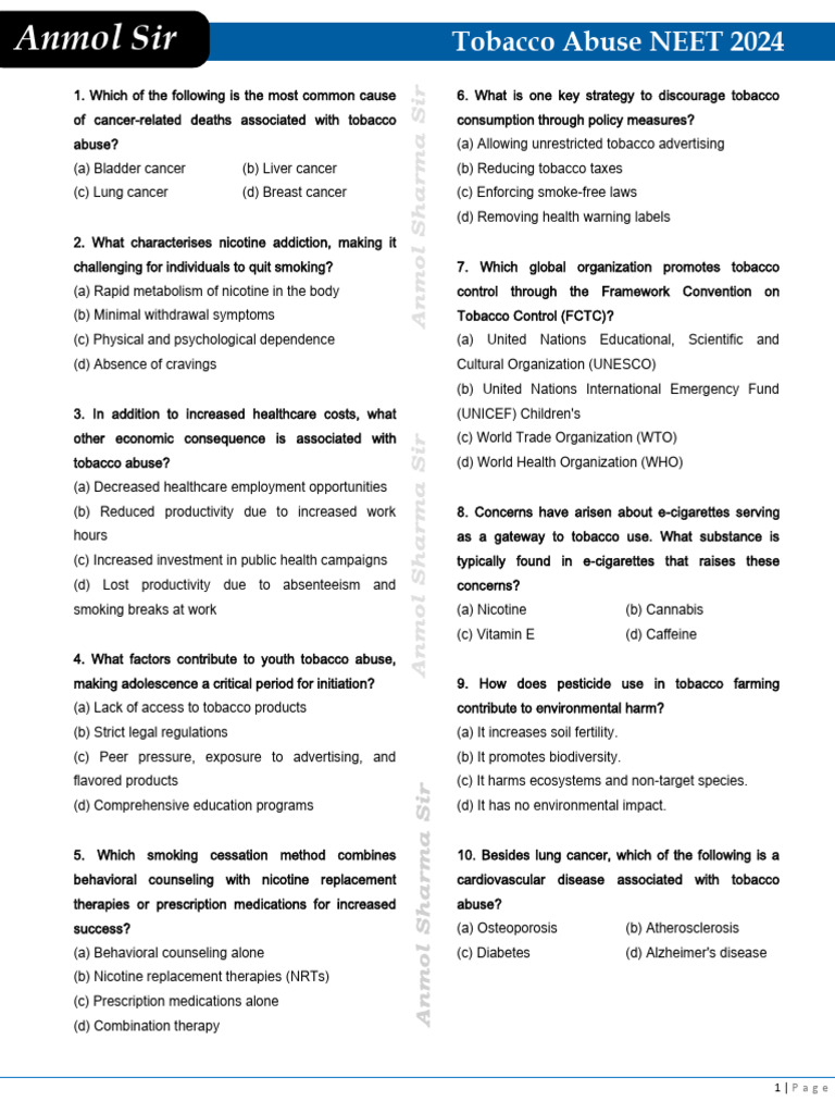 tobacco quiz questions and answers NEET 2024 Tobacco Abuse Quiz | PDF | Tobacco Smoking