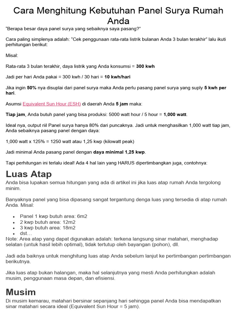 Cara Menghitung Kebutuhan Panel Surya Rumah Anda | PDF