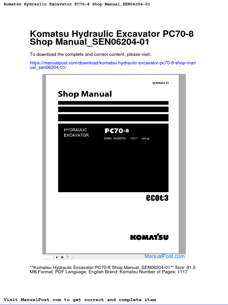 Komatsu Hydraulic Excavator Pc70 8 Shop Manual Sen06204 01 PDF Project Gutenberg License