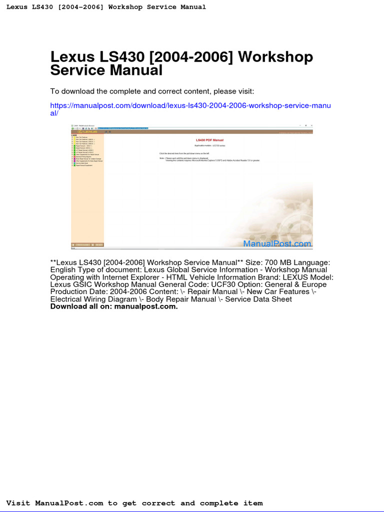 Lexus Ls430 2004 2006 Service Manual Download Free PDF