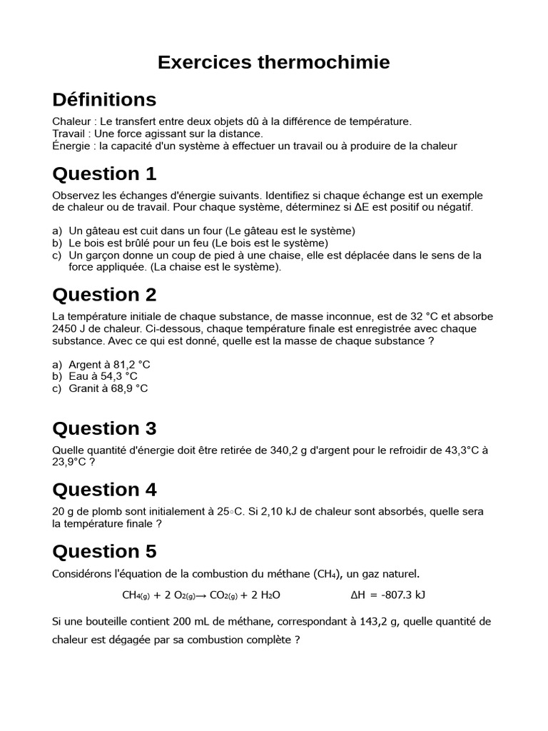 Exercices de thermochimie et énergie | PDF | Chaleur | Enthalpie