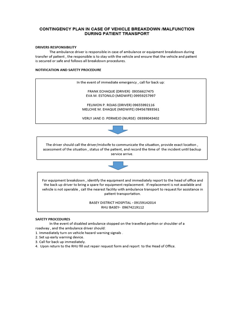 Contingency Plan in Case of Vehicle Breakdown | PDF
