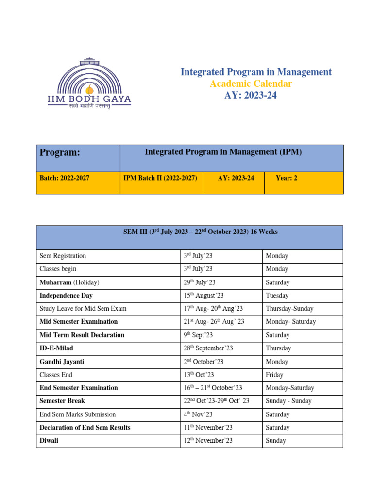 IPM Academic Calendar Yr 2 1 PDF Academic Term Academia