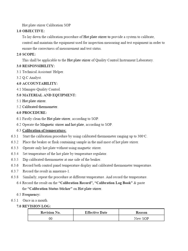 HOT PLATE CALIBRATION SOP PDF Calibration Thermometer