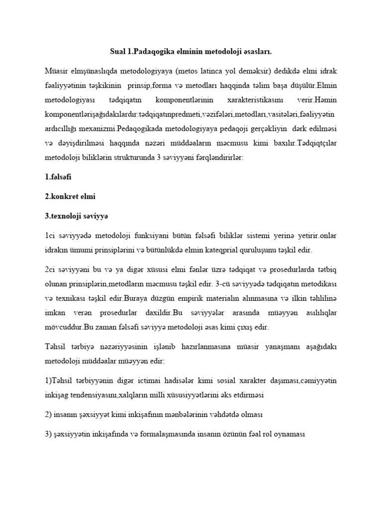 Pedaqogika suallar imtahan pdf
