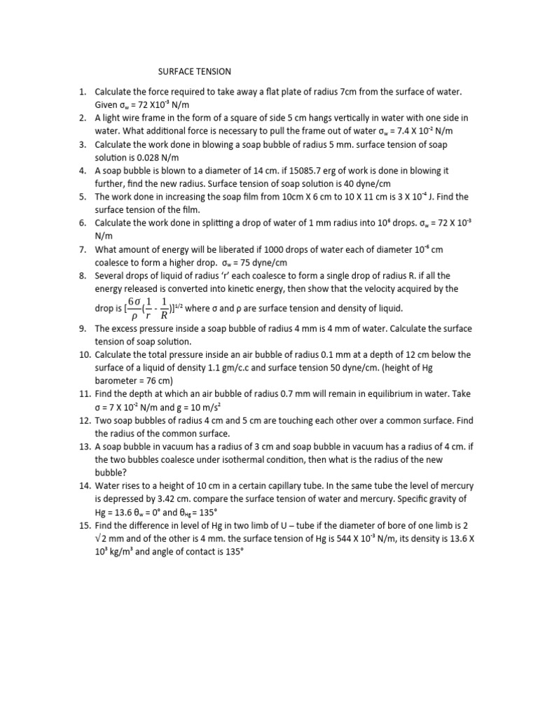 Surface Tension Numerical Problems | PDF | Surface Tension | Classical ...