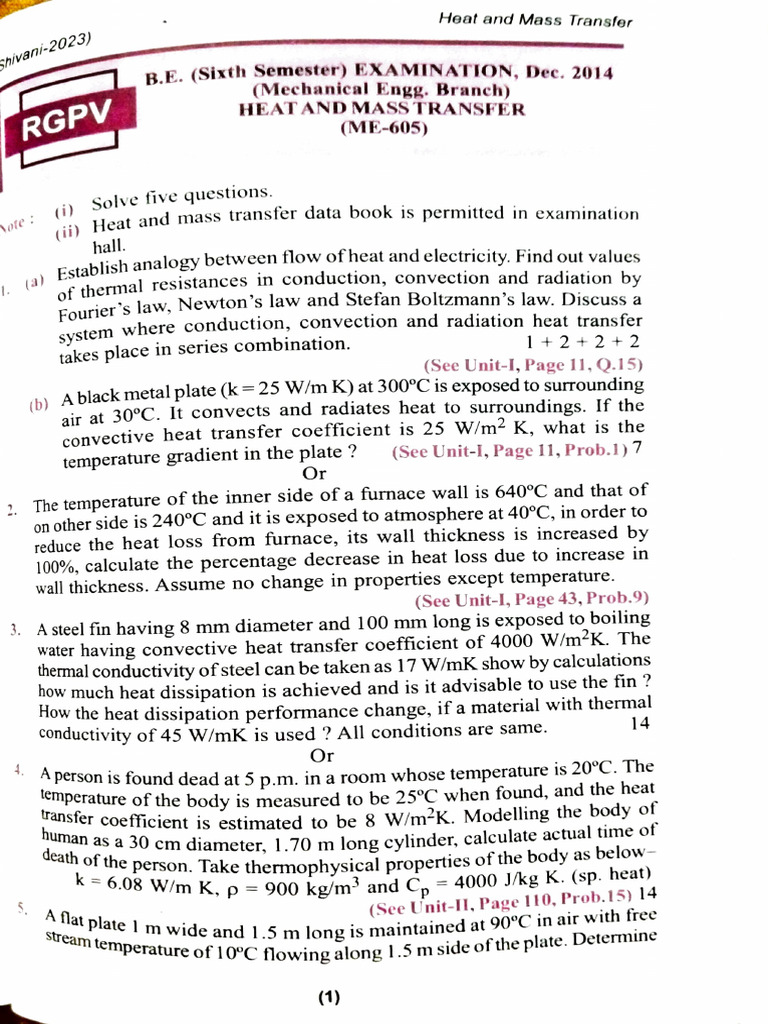 Heat and Mass Transfer Exam Questions | PDF | Heat Transfer | Thermal ...