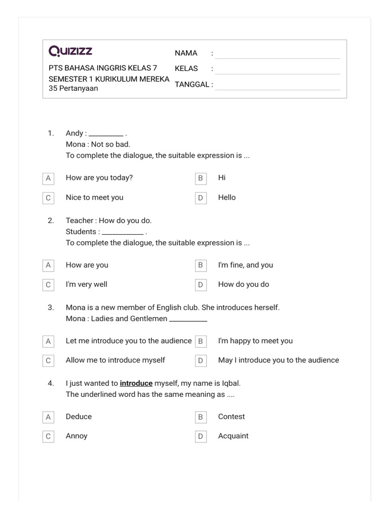 Pts Bahasa Inggris Kelas 7 Semester 1 Kurikulum Mereka Pdf