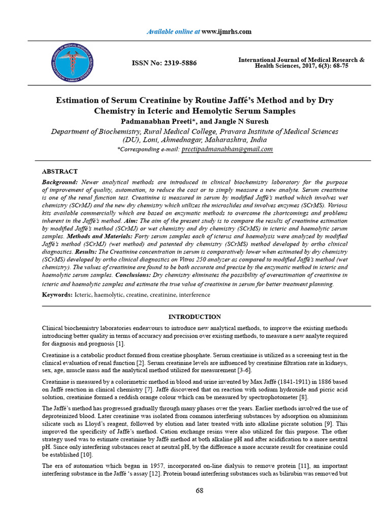 Jaffé vs. Dry Chemistry for Creatinine Estimation | PDF | Creatinine ...