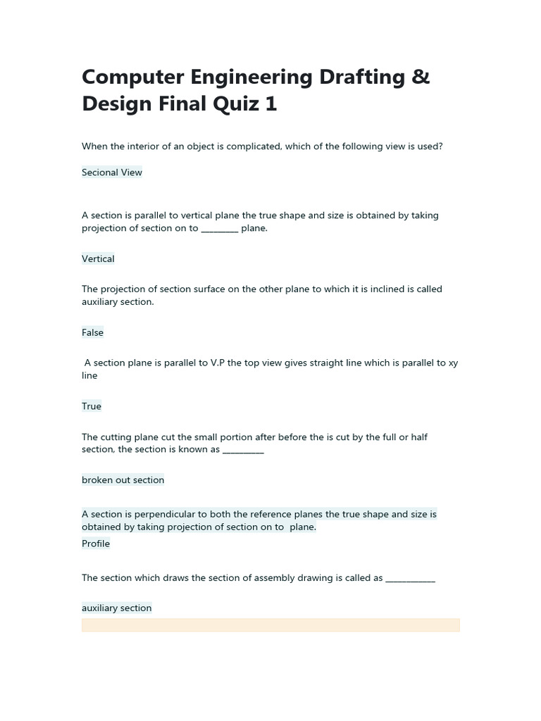 Computer Engineering Drafting & Design Final Quiz 1 PDF