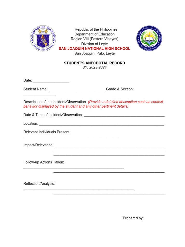 Anecdotal Record Form PDF