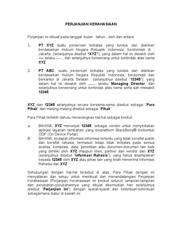 Draft Perjanjian Kerahasiaan