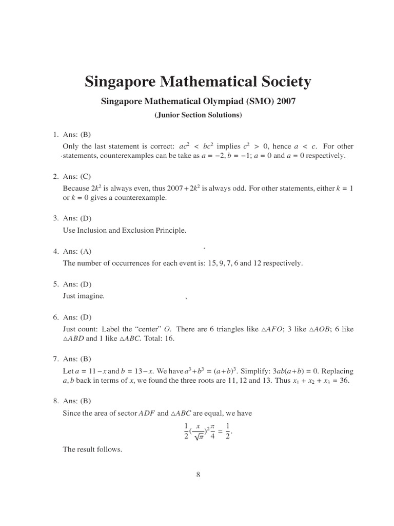 Junior Section - First Round Solutions - SMO Singapore Mathematical ...