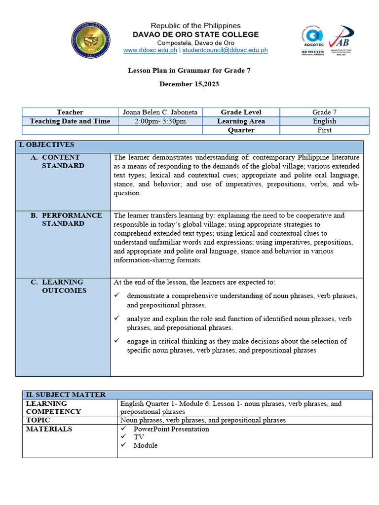 Lesson Plan In Grammar Pdf Verb Phrase