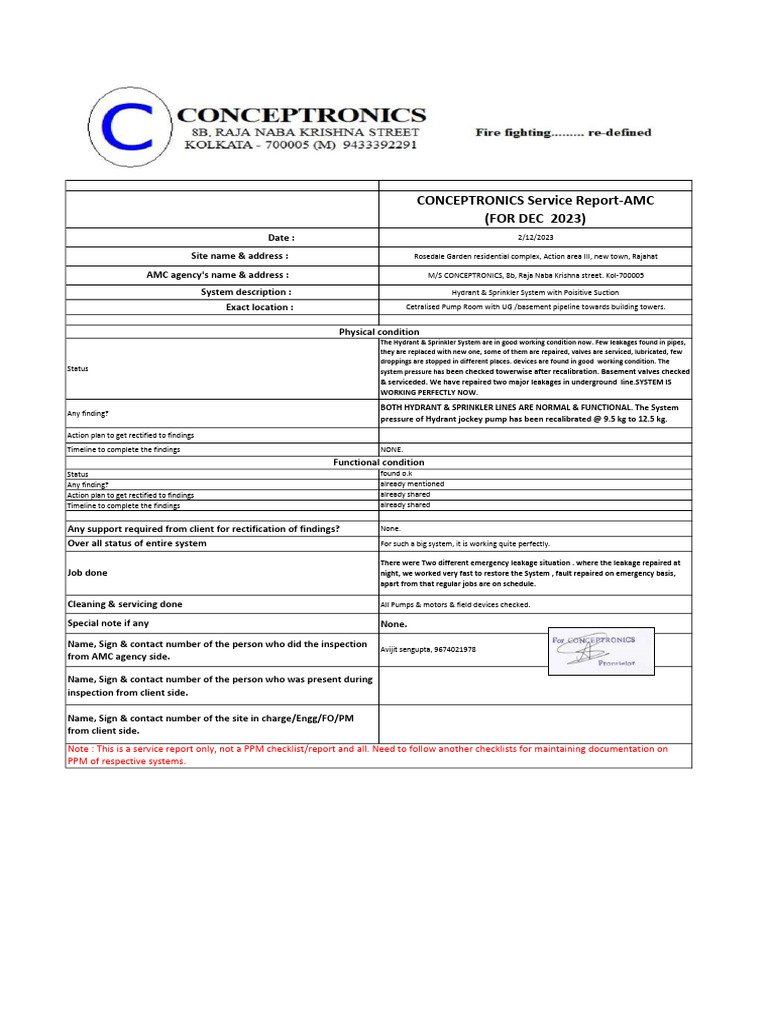 Monthly Report of The System For Fire DEC 2023 | PDF | Fire Sprinkler ...