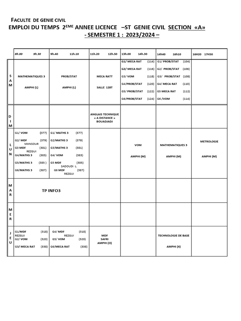 Emploi du temps 2ème année Génie Civil | PDF