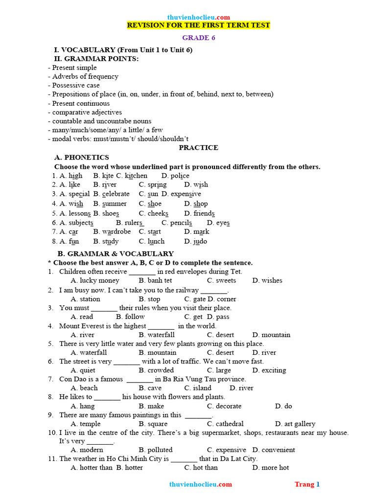 Grade 6 Term Test Revision Guide | PDF | Adverb | Linguistics