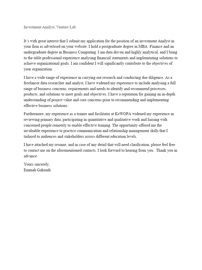 Investment Analyst Cover Letter PDF
