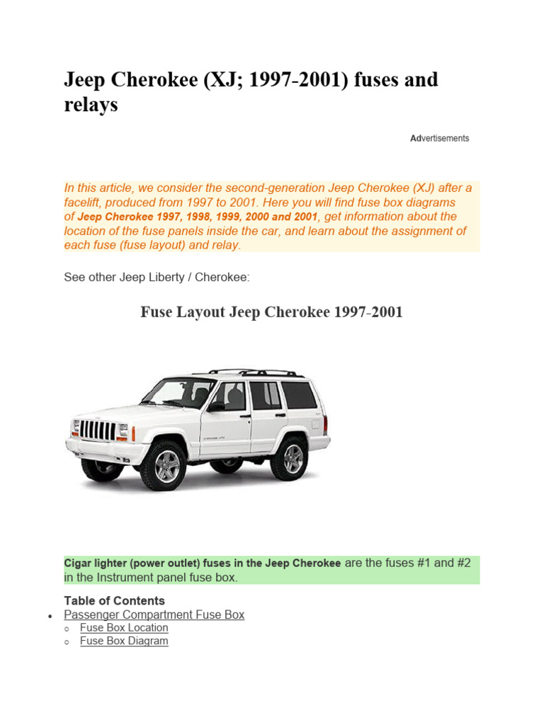 Jeep XJ Fuse Box Diagram | PDF | Relay | Headlamp