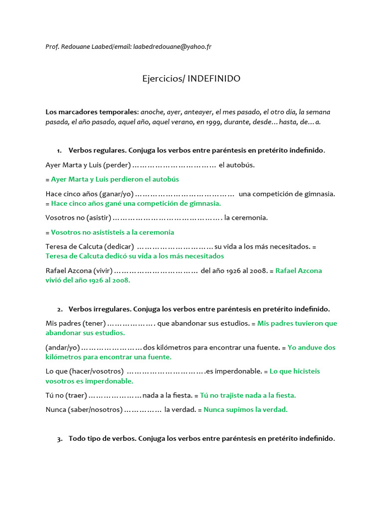 Ejercicios de Pretérito Indefinido | PDF | Artes del Lenguaje y ...